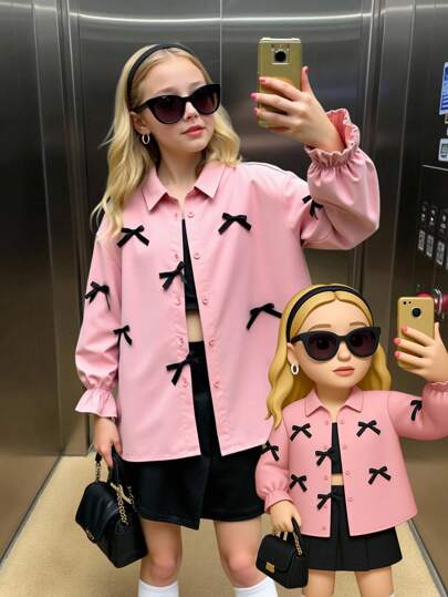 年轻女孩宽松 Y2K 风格粉色领长袖撞色蝴蝶结装饰纽扣衬衫长袖衬衫蝴蝶结衬衫适合秋冬搭配姐妹粉色蝴蝶结衬衫女孩蝴蝶结衬衫