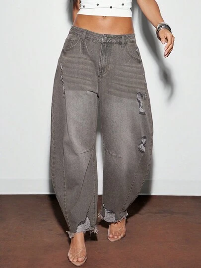 Denimoi 纯色做旧磨边口袋休闲时尚牛仔裤