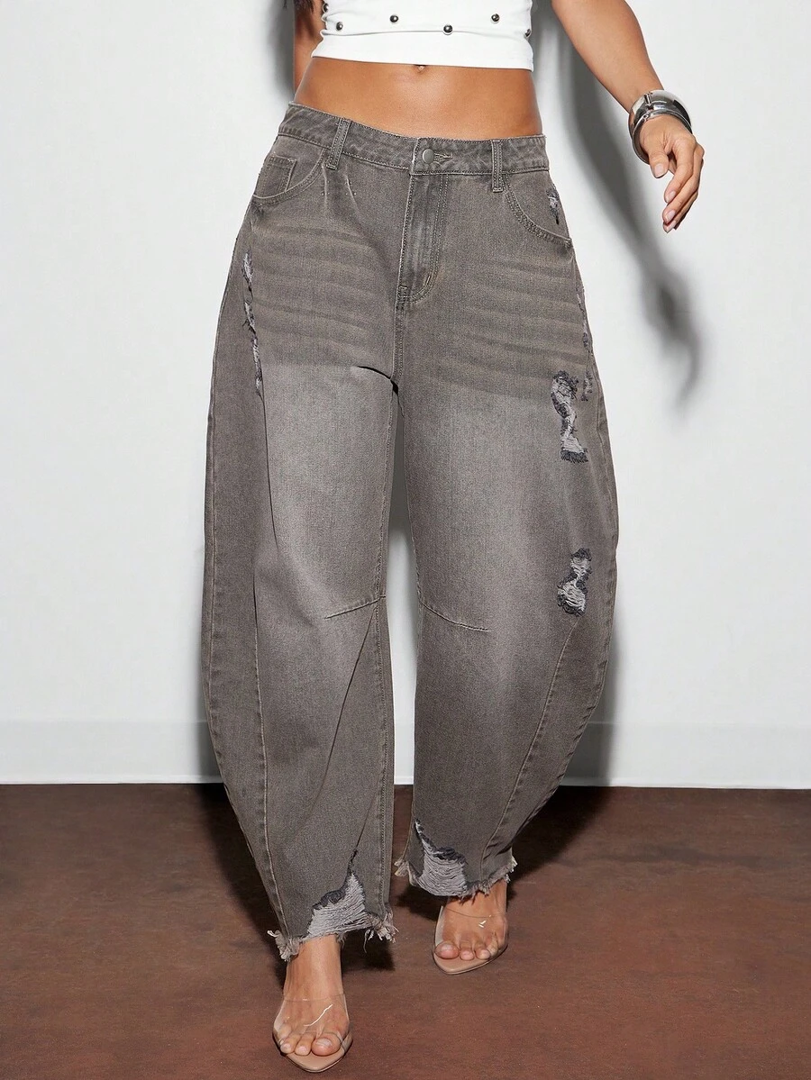 Denimoi Solid Color Distressed Frayed Edge Pocket Casual Fashion Jeans - Rust Brown - View 1