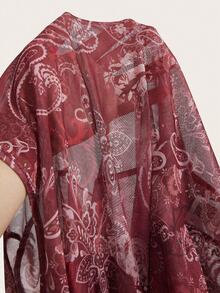 SHEIN ICON 女士外出夏威夷波西米亚风佩斯利印花西部性感度假喇叭长袖透视腰腰果印花网眼衬衫 - 酒紅色 - 查看 6