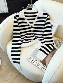 Franclia Ropa de mujer elegante y casual de estilo retro francés, minimalista y versátil para el uso diario, las vacaciones y el regreso a la escuela. Ropa de mujer para otoño/invierno, suéter de mujer de cuello en V de manga larga en color blanco y negro en contraste - Blanco y Negro - Ver 8