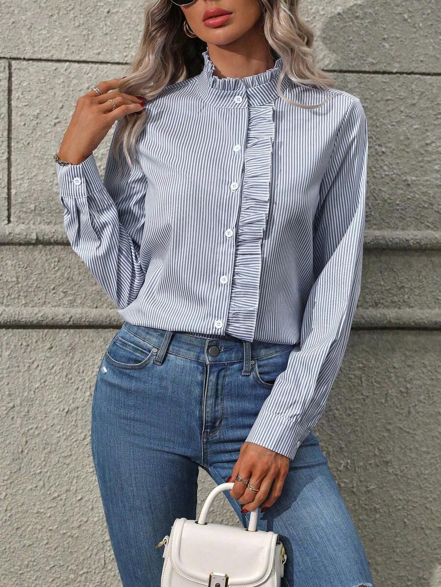 EMERY ROSE Women's Ruffle Collar Long Sleeve Striped Single-Breasted Elegant Shirt