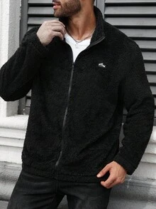 Manfinity Homme Sudadera con cremallera casual con forro térmico y estampado de letras, para hombre de talla grande, para otoño/invierno, de manga larga