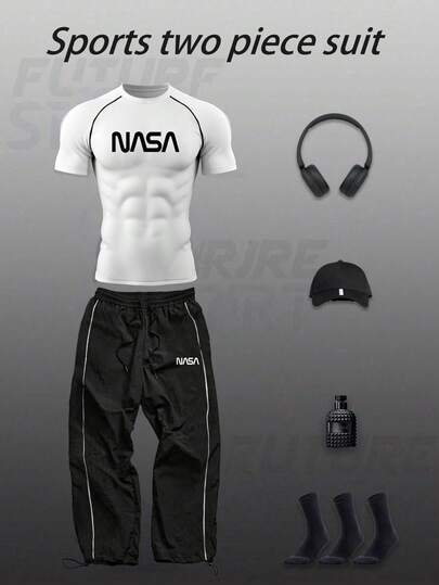 Manfinity Sport Corelite 男士运动套装，紧身字母和线条印花装饰短袖和长裤