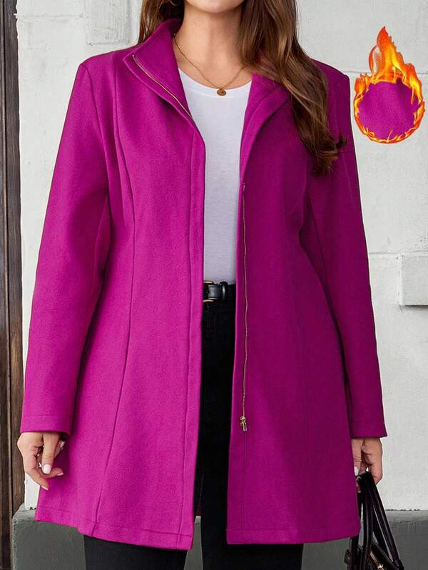 EMERY ROSE Chaqueta casual con cremallera frontal de unicolor y manga larga para mujer de talla grande, adecuada para el otoño/invierno, para ir al trabajo, estilo minimalista casual para uso diario, salir, apropiada para el otoño y el invierno