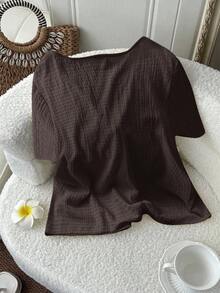 SHEIN LUNE 大码女式纯色前系带短袖休闲上衣 - 巧克力棕 - 查看 3