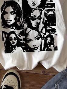 Attitoon Tricou de damă casual cu imprimeu portret, alb, guler rotund, mânecă scurtă, potrivit pentru vară, amestec de bumbac