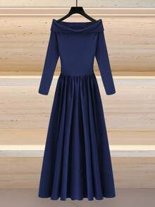 Rafferiza 1 件女式露肩扭纹前长袖 A 字口袋连衣裙，优雅秋季设计，黑色长款女装