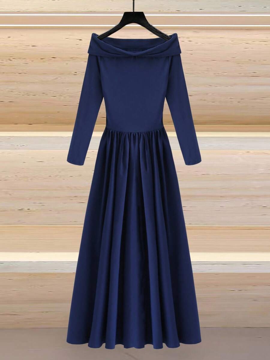 Rafferiza 1 件女式露肩扭纹前长袖 A 字口袋连衣裙，优雅秋季设计，黑色长款女装