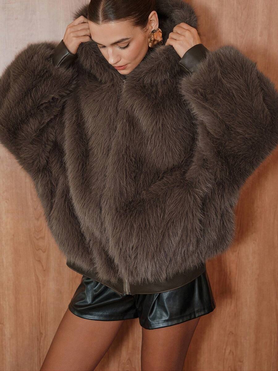 SHEIN Unity Women's Solid Color Short Hooded Faux Fur Jacket, Fashionable Winter - Coffee Brown - View 1