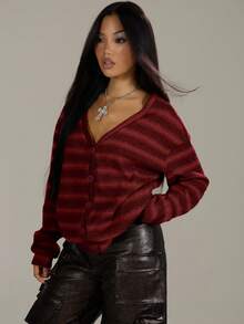 MUSERA 条纹纽扣开衫长袖上衣 春季休闲 Y2K 90年代条纹机场宽松返校冬季日常晚宴派对优雅毛衣 - 酒紅色 - 查看 2