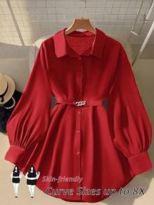 SHEIN CURVE+ Áo cánh tay dài trang trí kim loại cho nữ, thanh lịch và thời trang - Đỏ - Xem 1