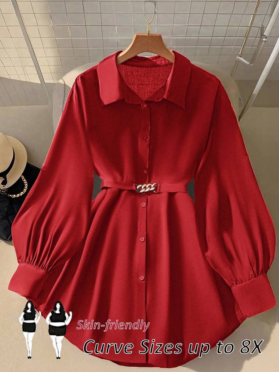 SHEIN CURVE+ Áo cánh tay dài trang trí kim loại cho nữ, thanh lịch và thời trang - Đỏ - Xem 1