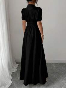 Elenzga Vestido camisa de manga abullonada, cuello de solapa, abotonadura sencilla, unicolor, talla grande para mujer de verano - Negro - Ver 2