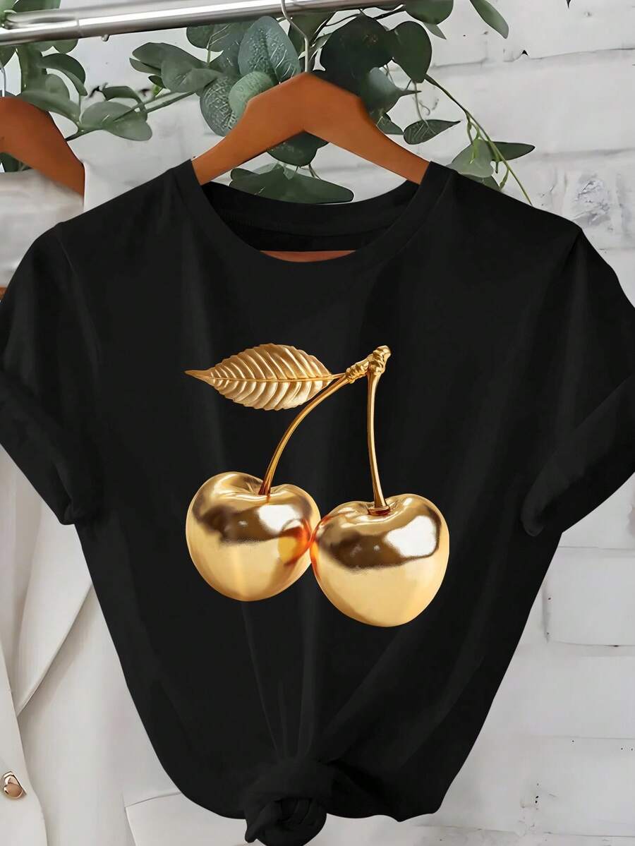 大码图案 T 恤、街头风格短袖 T 恤、可爱夏季上衣、度假风 - 黑色 - 查看 1