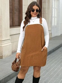 SHEIN LUNE 大码女式黑色灯芯绒连衣裙，带口袋和可调节肩带，女士连衣裙，Barnfit 感恩节服装，女士新年服装，冬季连衣裙，冬季服装，女士狂欢服装，毛衣裙 - 駝色 - 查看 5