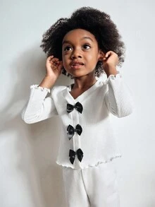 Maija Kids Maija Kids 2件套少女V领蝴蝶结装饰长袖T恤和裤子套装 - 白色 - 查看 6