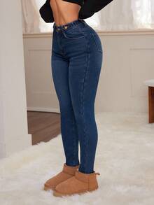 SHEIN PETITE 女士秋冬保暖内衬斜插口袋修身牛仔裤 - 深色水洗藍 - 查看 5