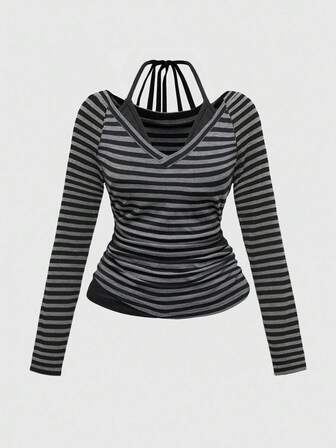 Grunge Punk Women's Sexy Y2K 2 In 1 V-Neck Striped Contrast Color Halter Tie Bow Long Sleeve T-Shirt, Autumn
