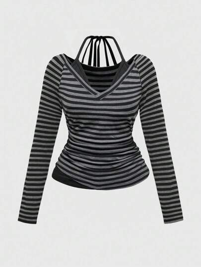 Grunge Punk Women's Sexy Y2K 2 In 1 V-Neck Striped Contrast Color Halter Tie Bow Long Sleeve T-Shirt, Autumn