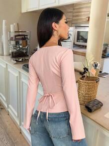 Chiquease Bluzka retro ChicEase z falbanką z przodu i długim rękawem, kołnierzem w kształcie kwadratu, swobodnymi strojami, wiosennymi ubraniami na studia - Różowy - Zobacz 3