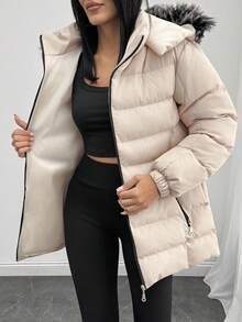 EURMUSE Zip Up Slant Pocket Padded Coat With Fuzzy Trim Fur Hood - Brown - View 6