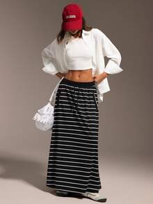 Hanevo Casual Elastic Waist Striped Pocket Skirt, Suitable For Sports, Commuting And Outings Fall Cloth For Women