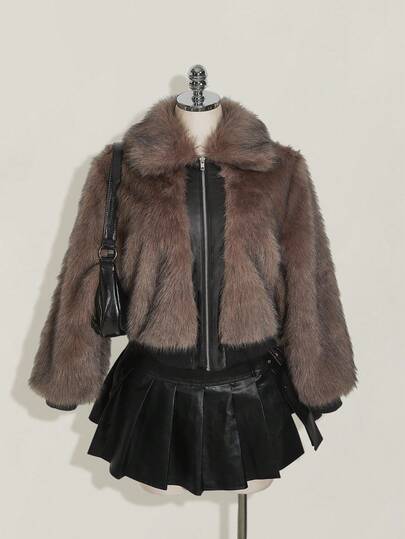 SHEIN ICON 秋冬大码女式撞色人造毛皮拼接设计夹克棕色毛皮夹克