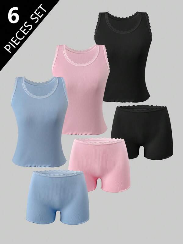 多件女童蕾丝花边罗纹吊带背心和蕾丝花边罗纹内裤套装