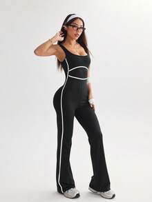 Easithlete 撞色饰边瑜伽休闲运动连体裤 - 黑色 - 查看 5