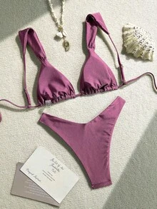 Costavie 2 件套夏季假期闪亮纯色粗肩带金色扇贝装饰三角杯文胸和高叉比基尼泳裤性感泳衣套装 - 中紫紅色 - 查看 3