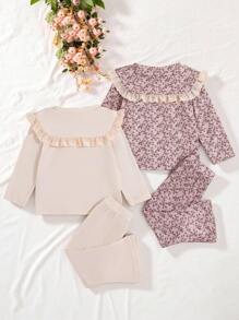 SHEIN Vintaside Kids 2 件装女婴复古碎花荷叶边蝴蝶结领上衣和喇叭裤套装，可爱甜美时尚春秋装 - 彩色 - 查看 2