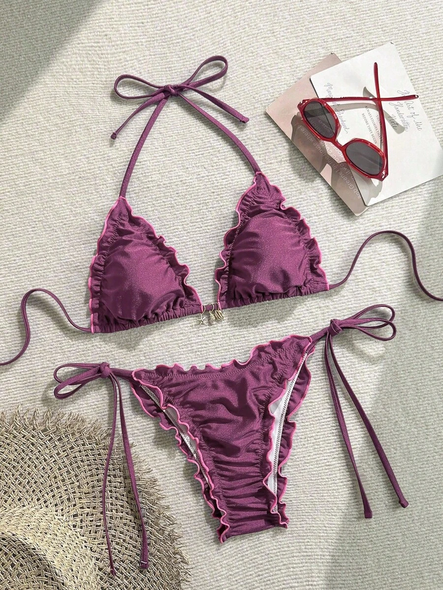 SHEIN Swim 2件套夏季度假闪亮纯色金色海星贝壳装饰挂脖荷叶边三角比基尼上衣和侧系带泳裤性感泳衣套装 - 中紫紅色 - 查看 1
