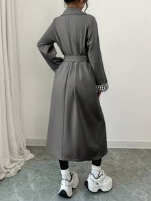 Rafferiza 宽松翻领双排扣长袖格子拼接女式风衣 - 灰色 - 查看 2