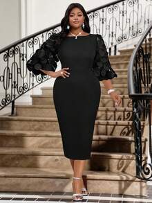 Fleurora 2025 New Plus Size Women's Spring And Fall Casual Elegant Bohemian Style Black Round Neck Knitted Three-Dimensional Floral Fabric Mesh Splicing Puff Sleeve Wedding Dress Plus Size Dress Holiday Clothing For Women,Elegant Dresses For Women Wedding Guest Dress For Women  Party Dress Halloween Costumes,Fall Clothes For Women,Wedding Party Dress Black Midi Dress Elegant Black Dress Black Dress With Sleeves Midi Dress For Church Black Sheath Dress Winter Dress Women New Year Dress - Black - View 4