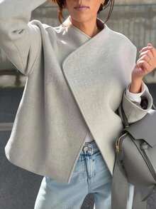 SHEIN LUNE Women's Solid Color Oblique Placket Long Sleeve Loose Woolen Coat,Light Grey Autumn Casual Everyday Business Jacket,Modern Winter Clothes For Woman - Grey - View 8