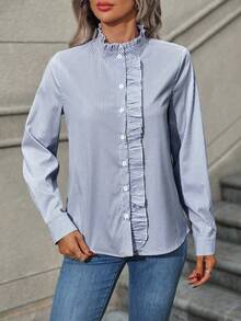 EMERY ROSE Women's Ruffle Collar Long Sleeve Striped Single-Breasted Elegant Shirt