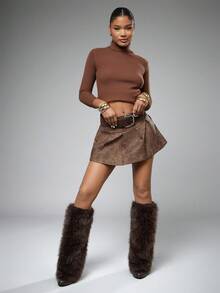 SHUZIA Women Fashion Furry Wadge Heel Winter Warm Comfortable Knee-High Boots For Christmas - Chocolate Brown - View 3