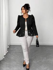 Elenzga Chaqueta vintage negra con mangas abullonadas para mujer de talla grande, con decoración de perlas en el bajo, cuello redondo y cremallera