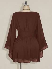 SHEIN ICON Váy chữ A cổ chữ V, eo nhún cỡ lớn, tay loe, phong cách Boho, Hippie, Y2K, phù hợp cho mùa hè, phong cách du mục, kỳ nghỉ hè, lễ hội âm nhạc, lễ tốt nghiệp và mùa tựu trường - màu nâu - Xem 2