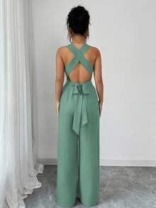 Rafferiza V领系腰阔腿连体裤，蓝色，女式连体衣，休闲夏装，女士度假装