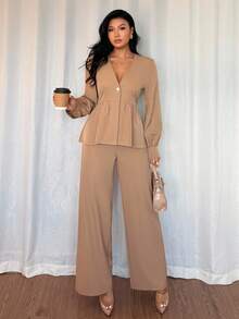 Islaluna Ensemble 2 pièces femme, Top à volants à simple boutonnage de couleur unie et pantalon large, élégant, automne