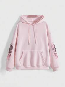 ROMWE Grunge Punk Sudadera con cuello redondo con adorno de flores de rosa vintage, hojas y corazón con strass, para otoño/invierno