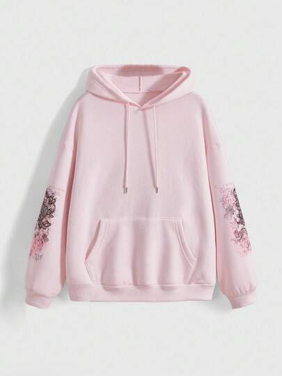 Grunge Punk Vintage Romantic Rose Floral Vine Heart Rhinestone Embellished Pullover Sweatshirt, Autumn/Winter