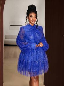 Maweii Plus Size Women Elegant Vintage Party Mini Dress, Lantern Sleeve, Metallic Foil Mesh, Bodycon - Blue - View 7