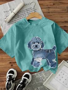 Áo thun cổ tròn in hình chú chó thường ngày dành cho nữ - Màu xanh bụi bặm - Xem 4