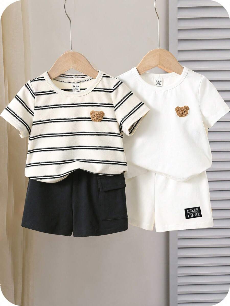 SHEIN 4件套男童/女童夏季韩版休闲可爱卡通图案条纹短袖T恤和松紧腰工装短裤套装 - 白色 - 查看 1