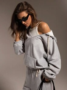 Hanevo Bộ 2 áo hoodie dáng rộng thoải mái dạo phố có túi và quần cạp chun có dây rút - Màu Xám nhạt - Xem 6