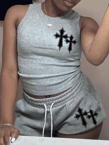 Slaydiva 休闲简约十字印花女式运动装，圆领无袖背心，带口袋和短裤，两件套，适合夏季