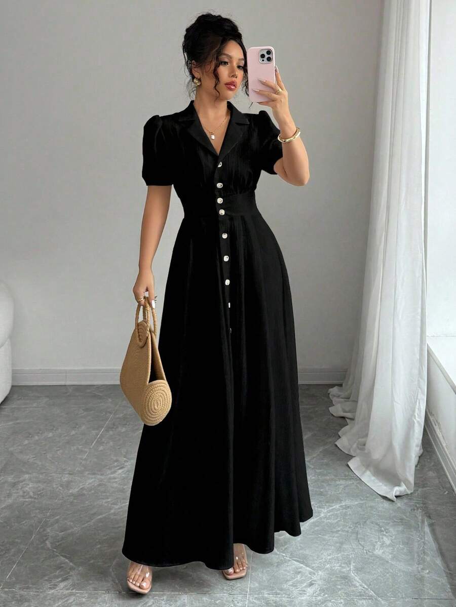 Elenzga Vestido camisa de manga abullonada, cuello de solapa, abotonadura sencilla, unicolor, talla grande para mujer de verano - Negro - Ver 1